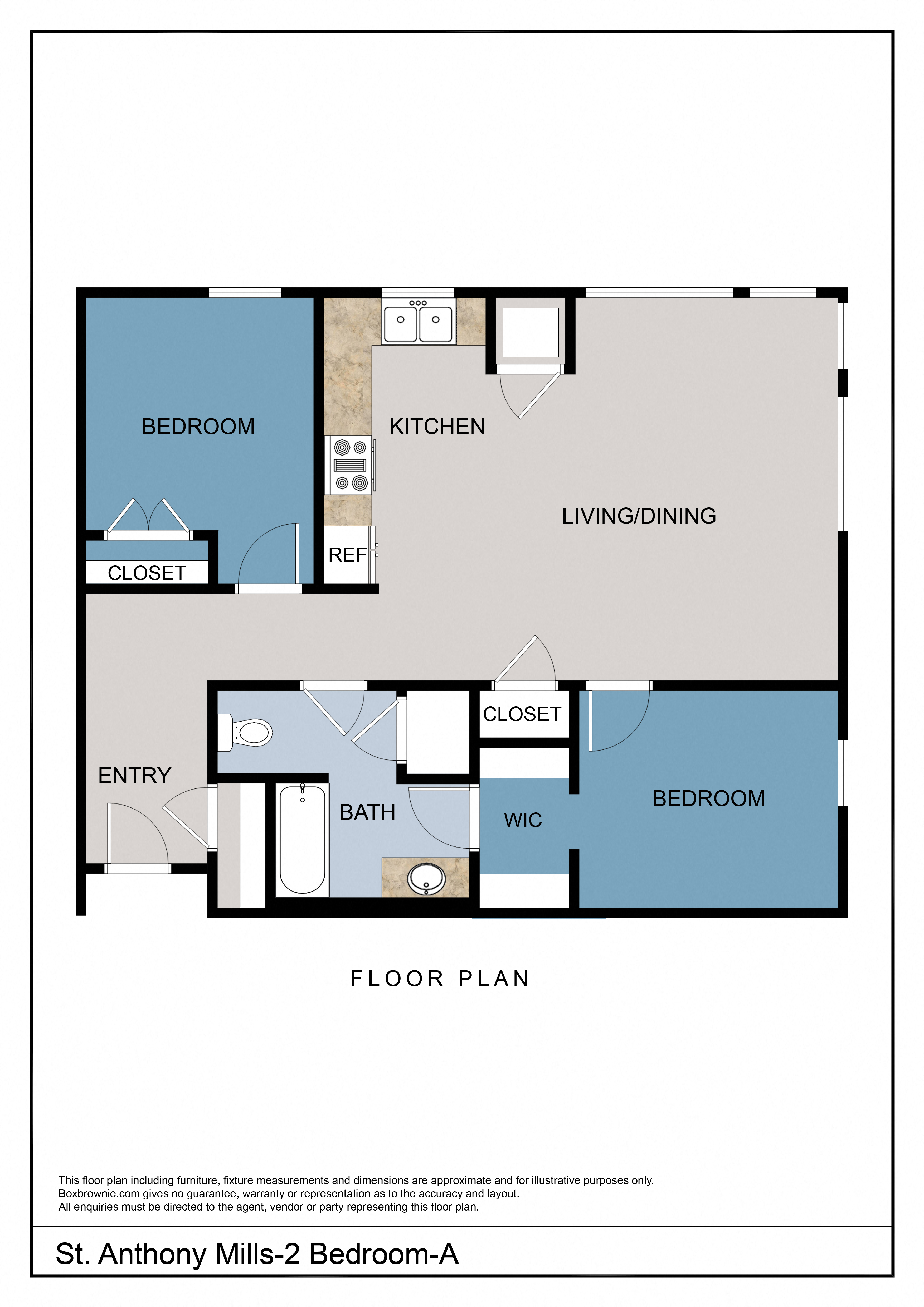 Floor plan for 2 beds, 1 bath, 995 sqft